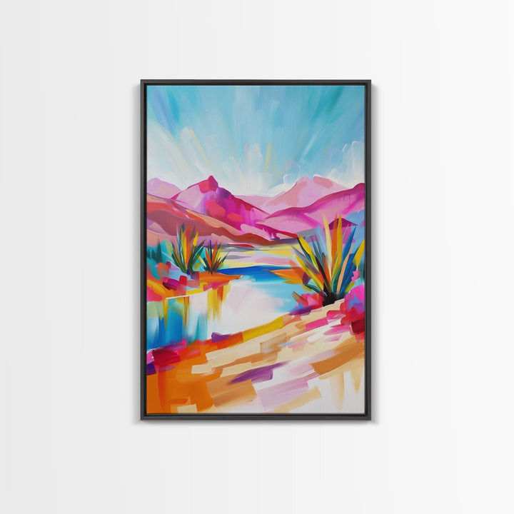 Bright Southwestern Landscape Art - Framed Canvas Print, Desert Decor, Vibrant Living Room Wall Art, Colorful Nature Scene
