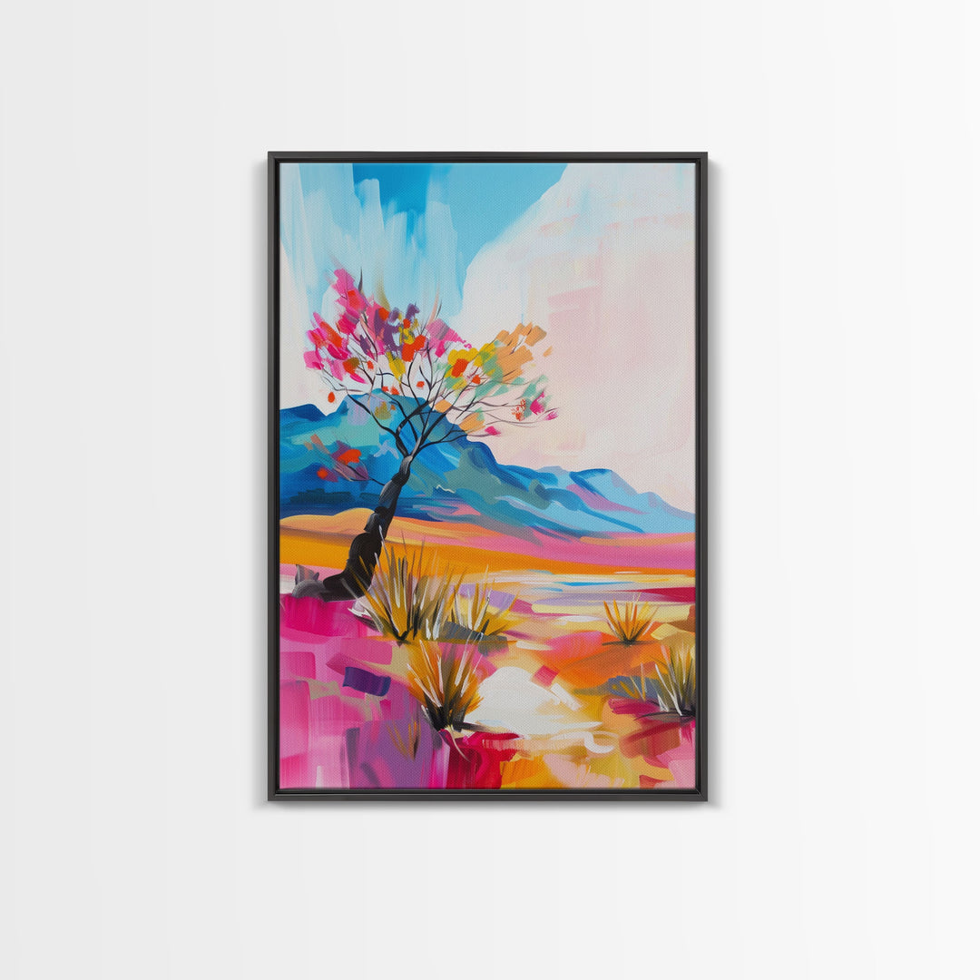 Bright Desert Tree Art - Framed Canvas Print, Southwestern Decor, Colorful Living Room Wall Art, Modern Desert Landscape