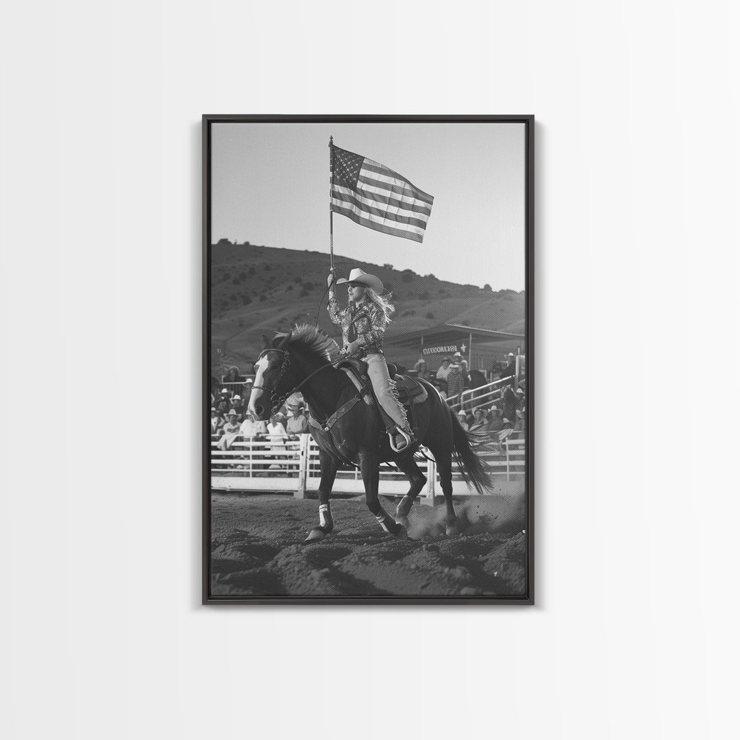 Cowgirl Flag Bearer Art Print, Western Rodeo Framed Canvas, Vintage Black and White Photography, Unique Wall Decor