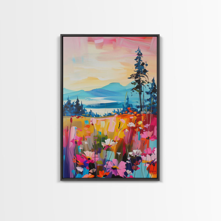 Serene Landscape with Wildflowers Framed Canvas Print - Pastel Sunset Wall Art, Tranquil Living Room Decor, Nature-Inspired Bedroom Art