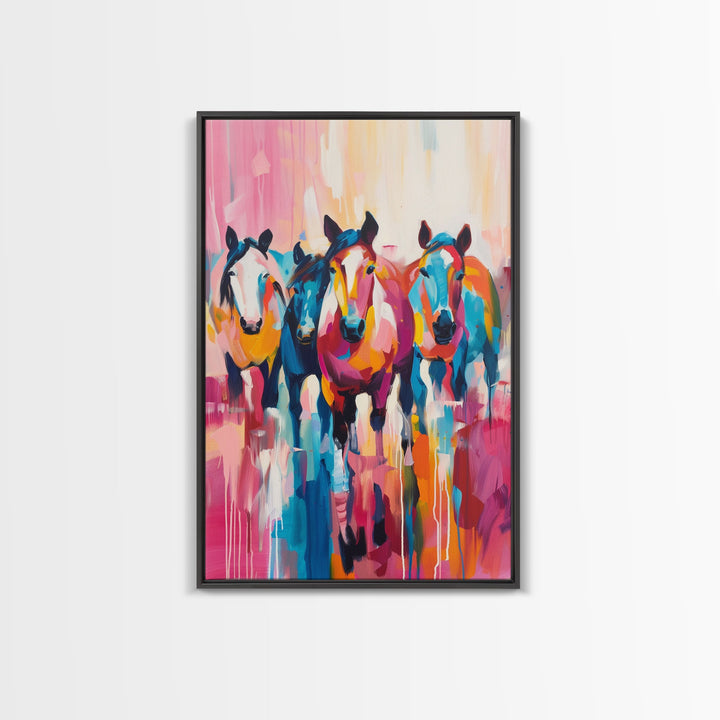 Colorful Horses Running Framed Canvas Print - Vibrant Horse Wall Art, Energetic Living Room Decor, Dynamic Bedroom Art, Equestrian Art
