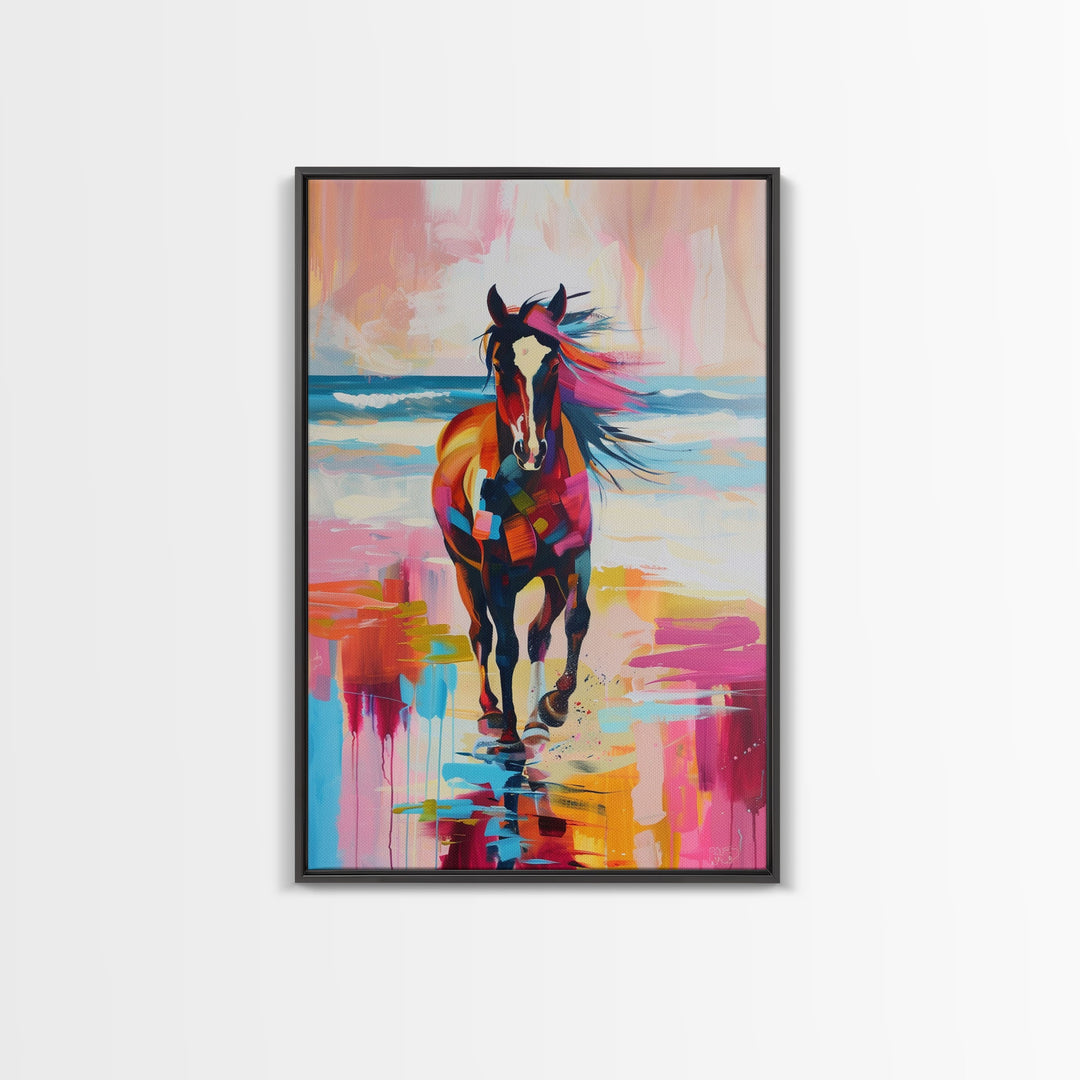 Horse on Beach in Bold Colors Framed Canvas Print - Beach Horse Wall Art, Colorful Living Room Decor, Bedroom Art, Coastal Equestrian Art