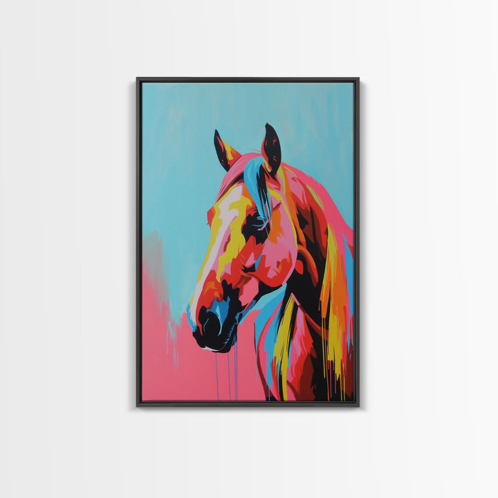 Colorful Horse Head Art - Framed Canvas Print, Vibrant Wall Art, Modern Living Room Decor, Horse Portrait, Bold Animal Artwork, Bedroom Art
