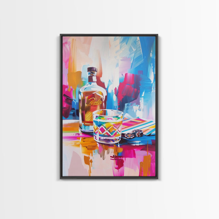 Colorful Whiskey Bottle and Glass Framed Canvas Print - Modern Bar Art, Living Room Decor, Vibrant Wall Art for Home Decoration