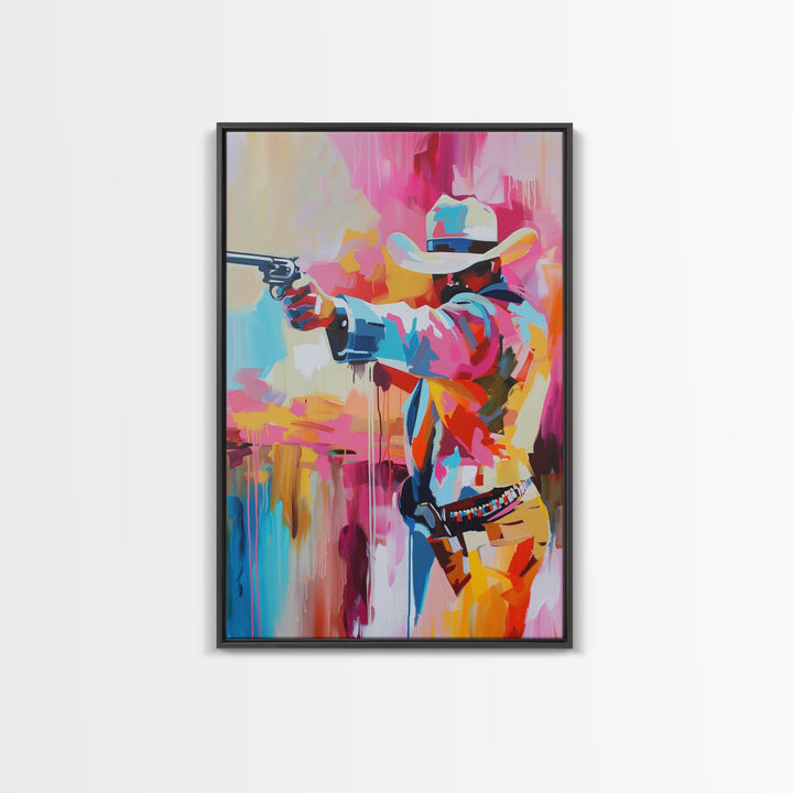 Dynamic Cowboy with Gun - Framed Canvas Print, Action-Packed Western Art, Bold Cowboy Wall Art for Living Room Decor