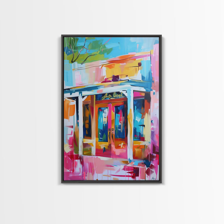 Colorful Abstract Storefront - Framed Canvas Print, Urban Landscape Art, City Vibes Decor for Home or Office