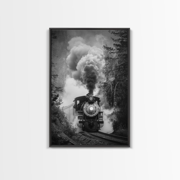 Steam Locomotive in the Forest Black and White Photography - Framed Canvas Print, Railroad Art, Vintage Train Wall Art for Home