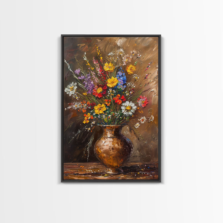 Lush Floral Arrangement in Vase Art - Framed Canvas Print, Colorful Flower Decor for Living Room, Bright Botanical Artwork, Nature Wall Art
