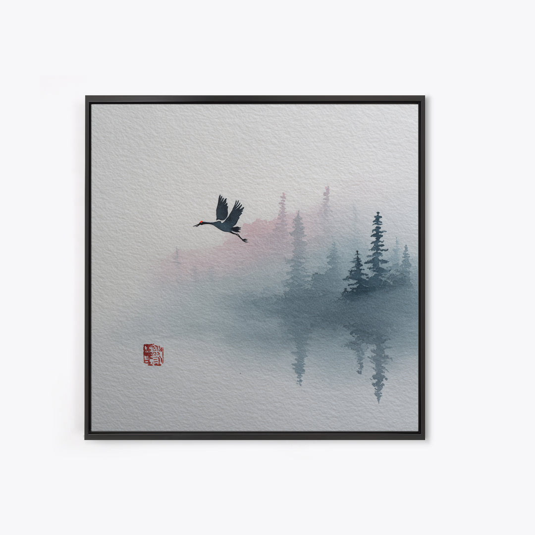 Monochrome Ink Crane Composition Framed Canvas Print, Wall Art, Abstract Art, Living Room Decor, Watercolor Art, WAL-1x1-24