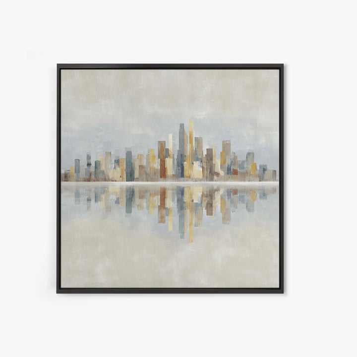 Urban Skyline in Muted Evening Color Framed Canvas Print, Wall Art, Wood Wall Art, Living Room Decor, Fine Art, WAL-1x1-42