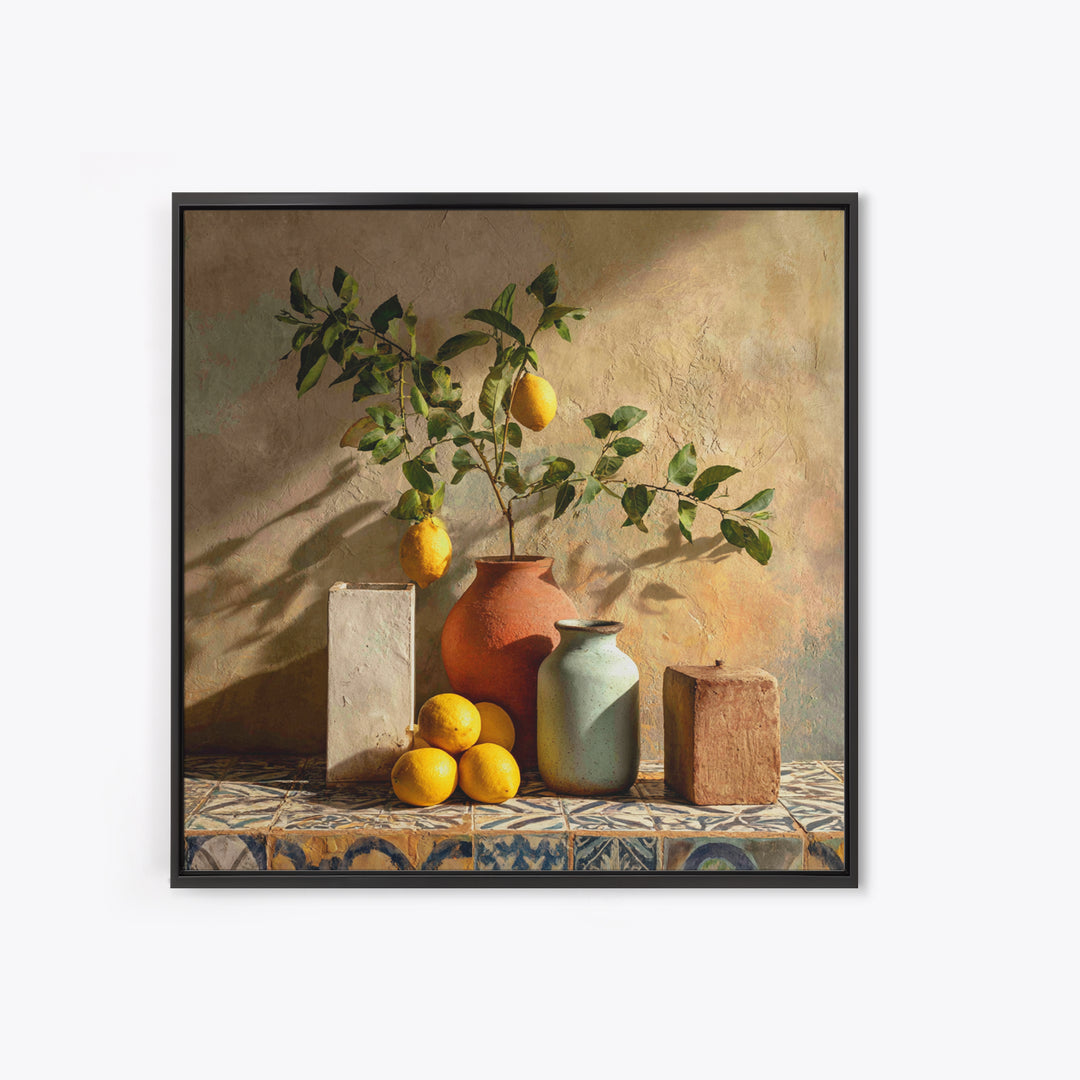 Mediterranean Lemon Branch Still Life Framed Canvas Print, Wall Art, Prints Wall Art, Living Room Decor, Oil Painting, WAL-1x1-46