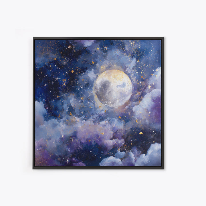 Celestial Moon and Stars Artwork Framed Canvas Print, Wall Art, Gallery Decor, Living Room Decor, Fine Art, Home Decor, WAL-1x1-62