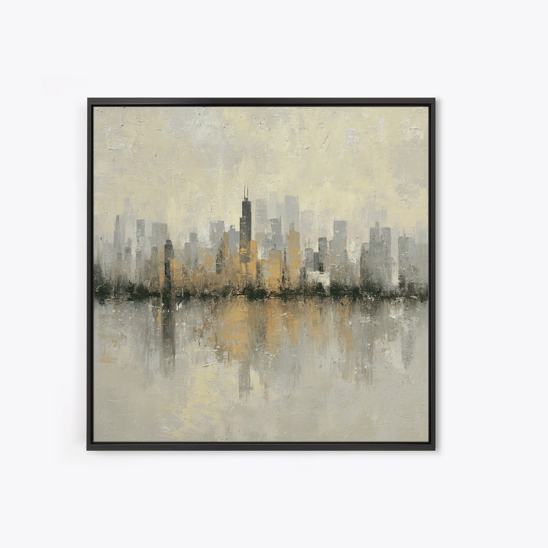 Urban Skyline in Muted Evening Color Framed Canvas Print, Wall Art, Wood Wall Art, Living Room Decor, Fine Art, WAL-1x1-66