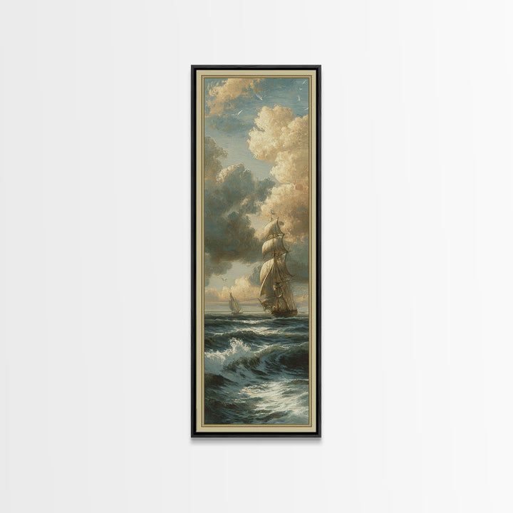 Classic Seascape with Dramatic Clouds Framed Canvas Print, Wall Art, Mid Century Modern, Living Room Decor, Abstract Art, WAL-1x3-15