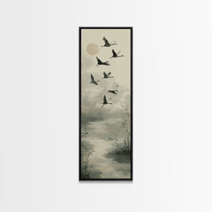 Monochrome Ink Crane Composition Canvas Print, Wall Art, Mid Century Modern, Living Room Decor, Abstract Art, WAL-1x3-60