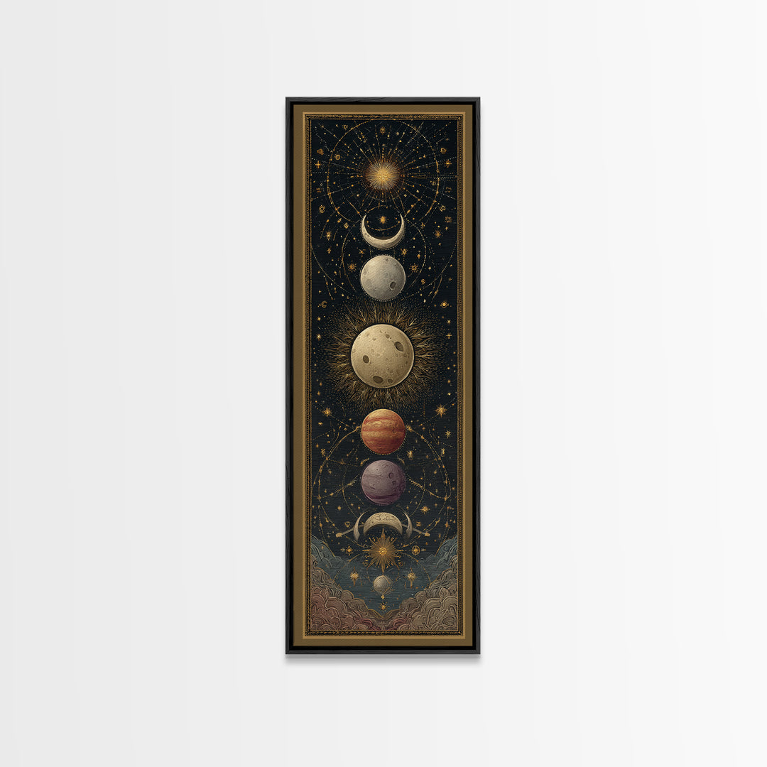 Celestial Moon and Stars Artwork Framed Canvas Print, Wall Art, Fine Art Print, Living Room Decor, Fine Art, WAL-1x3-74
