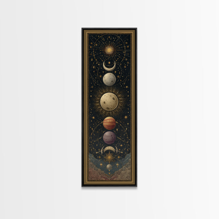Celestial Moon and Stars Artwork Framed Canvas Print, Wall Art, Fine Art Print, Living Room Decor, Fine Art, WAL-1x3-74