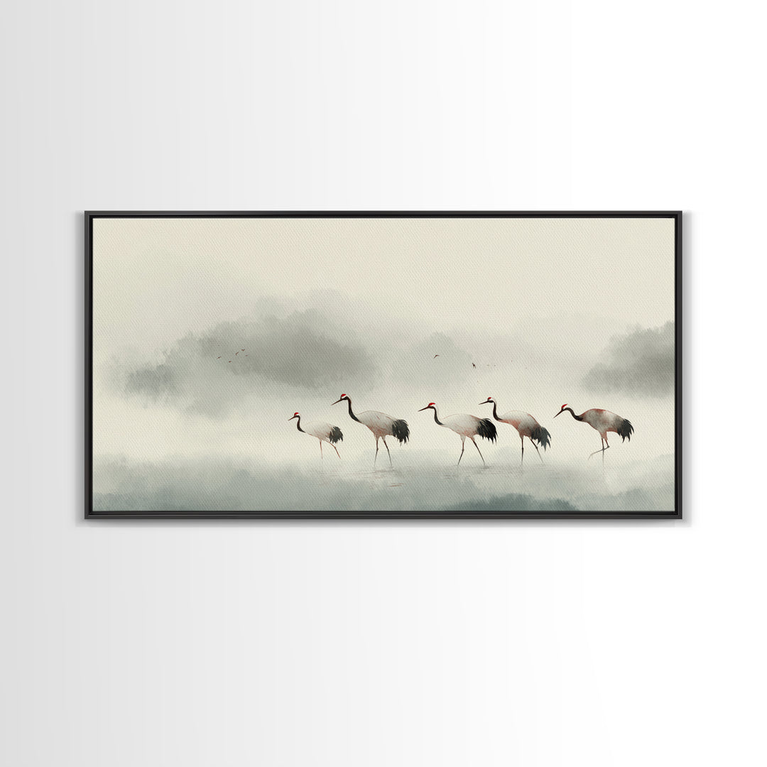 Monochrome Ink Crane Composition Framed Canvas Print, Wall Art, Statement Artwork, Living Room Decor, Fine Art, WAL-2x1-20