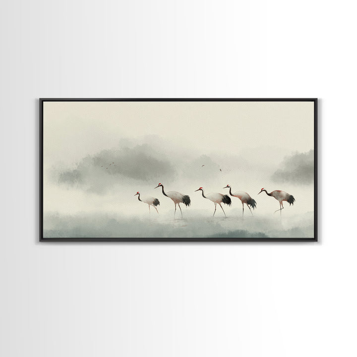 Monochrome Ink Crane Composition Framed Canvas Print, Wall Art, Statement Artwork, Living Room Decor, Fine Art, WAL-2x1-20