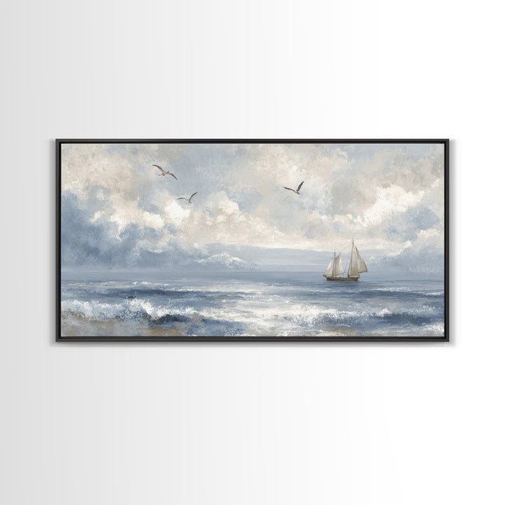 Classic Seascape with Dramatic Clouds Framed Canvas Print, Wall Art, Wall Hangings, Living Room Decor, Watercolor Art, WAL-2x1-23