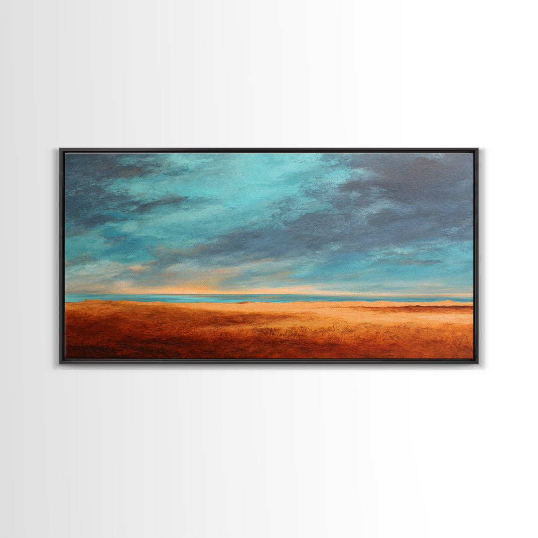Desert Landscape in Warm Terracotta Tones Framed Canvas Print, Wall Art, Metal Wall Art, Living Room Decor, Oil Painting, WAL-2x1-3
