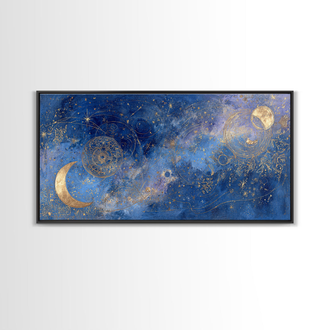 Celestial Moon and Stars Artwork Framed Canvas Print, Wall Art, Contemporary Art, Living Room Decor, Fine Art, WAL-2x1-34