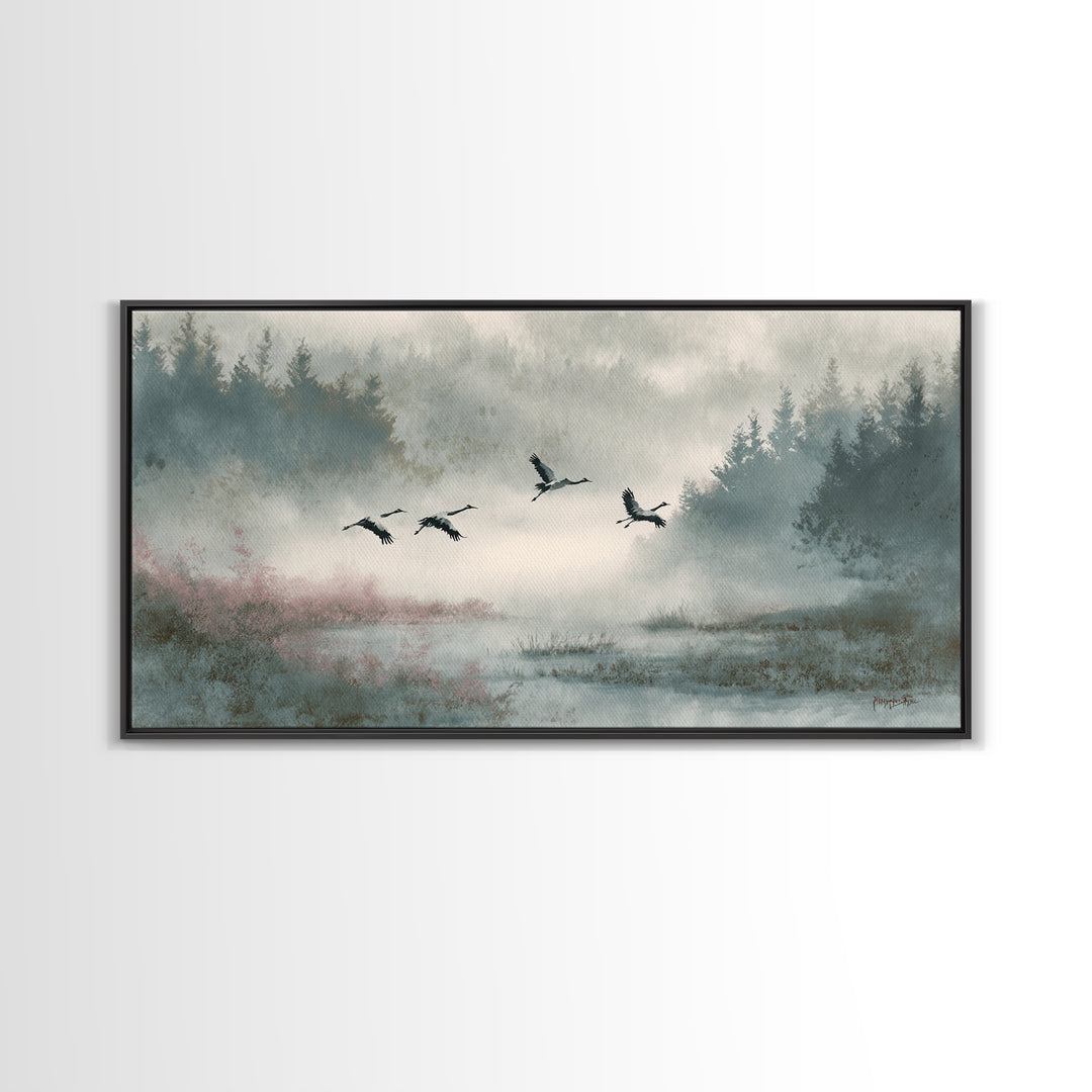 Monochrome Ink Crane Composition Canvas Print, Wall Art, Wall Hangings, Living Room Decor, Watercolor Art, Framed Wall Art, WAL-2x1-68