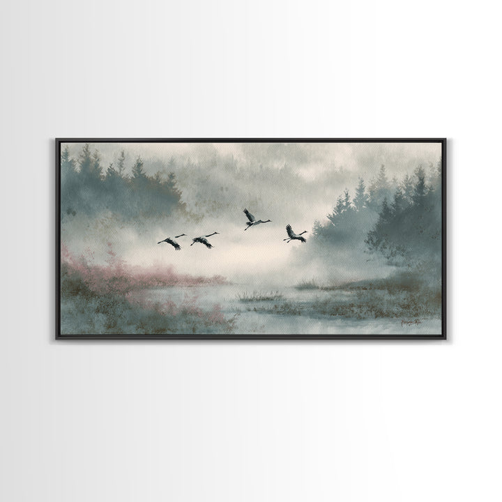Monochrome Ink Crane Composition Canvas Print, Wall Art, Wall Hangings, Living Room Decor, Watercolor Art, Framed Wall Art, WAL-2x1-68