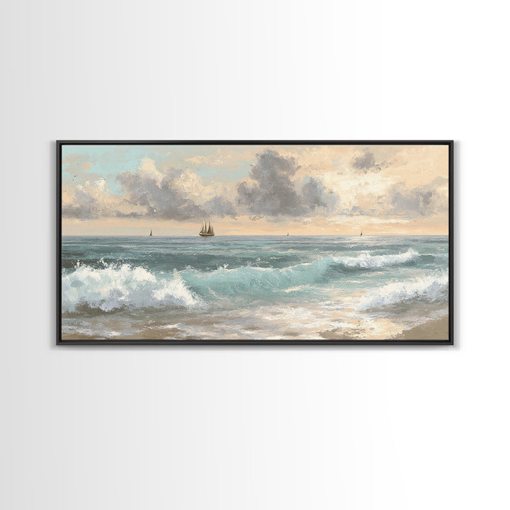 Classic Seascape with Dramatic Clouds Canvas Print, Wall Art, Wood Wall Art, Living Room Decor, Abstract Art, WAL-2x1-71