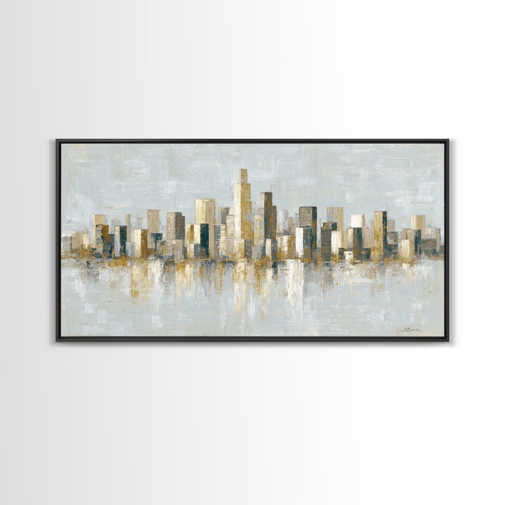 Urban Skyline in Muted Evening Color Framed Canvas Print, Wall Art, Art Print, Living Room Decor, Abstract Art, WAL-2x1-86