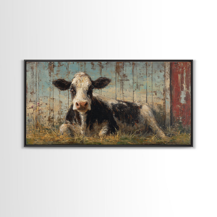 Rustic Farmhouse Cow Portrait Framed Canvas Print, Wall Art, Textured Wall Art, Living Room Decor, Oil Painting, WAL-2x1-87