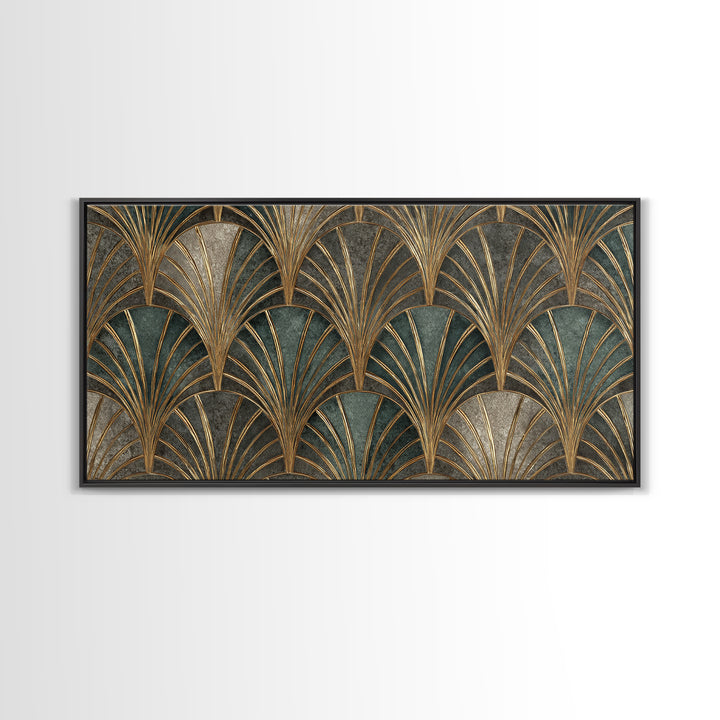 Art Deco Gold Fan Pattern Framed Canvas Print, Wall Art, Digital Wall Art, Living Room Decor, Fine Art, Wood Wall Art, WAL-2x1-88
