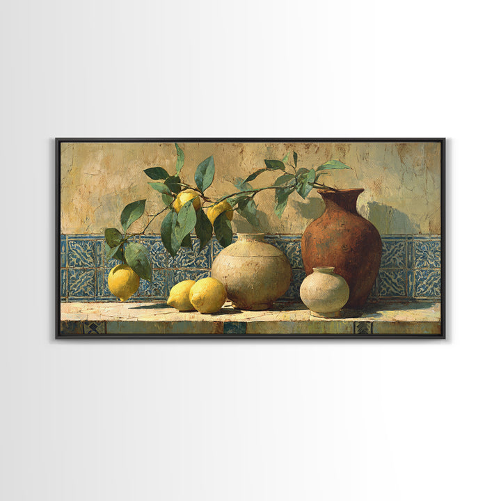 Mediterranean Lemon Branch Still Life Framed Canvas Print, Wall Art, Heart, Living Room Decor, Fine Art, Home Decor Gift, WAL-2x1-90
