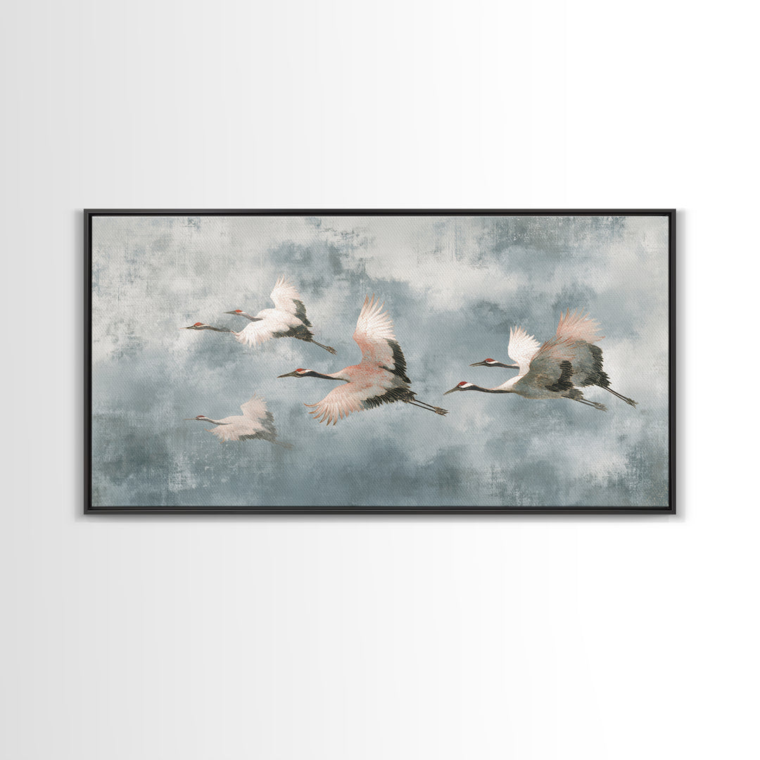 Monochrome Ink Crane Composition Framed Canvas Print, Wall Art, Wall Art for Mom, Living Room Decor, Oil Painting, WAL-2x1-92