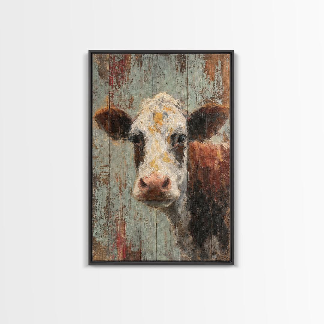 Rustic Farmhouse Cow Portrait Framed Canvas Print, Wall Art, Room Decor, Living Room Decor, Oil Painting, Printable Wall Art, WAL-2x3-3