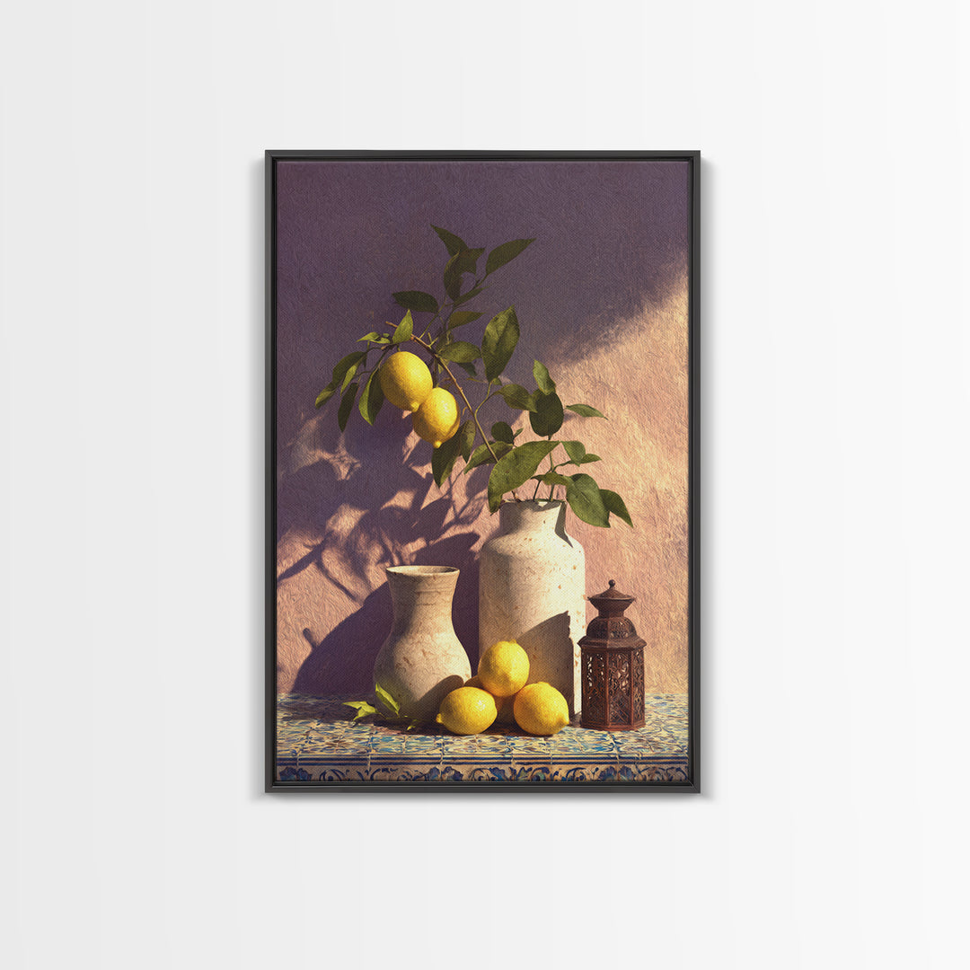 Mediterranean Lemon Branch Still Life Framed Canvas Print, Wall Art, Minimalist Decor, Living Room Decor, Oil Painting, WAL-2x3-30