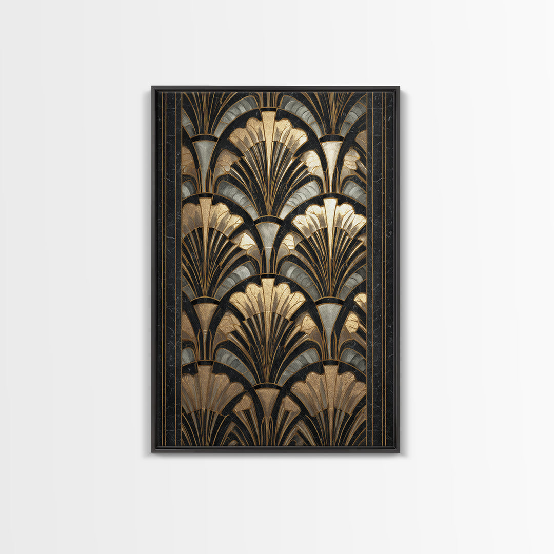 Art Deco Gold Fan Pattern Framed Canvas Print, Wall Art, Contemporary Art, Living Room Decor, Fine Art, Mid Century Modern, WAL-2x3-4