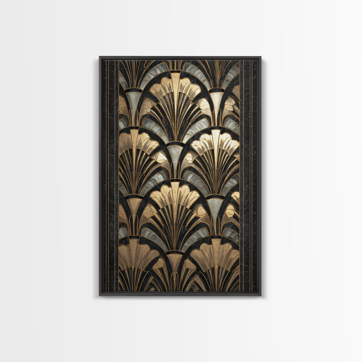 Art Deco Gold Fan Pattern Framed Canvas Print, Wall Art, Contemporary Art, Living Room Decor, Fine Art, Mid Century Modern, WAL-2x3-4