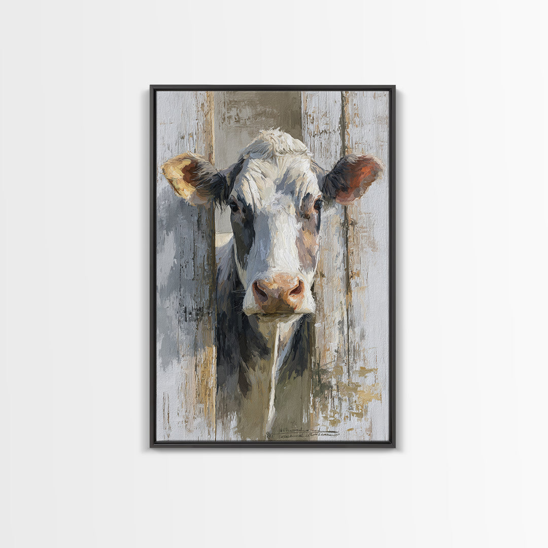 Rustic Farmhouse Cow Portrait Framed Canvas Print, Wall Art, Heart, Living Room Decor, Fine Art, Home Decor Gift, WAL-2x3-51