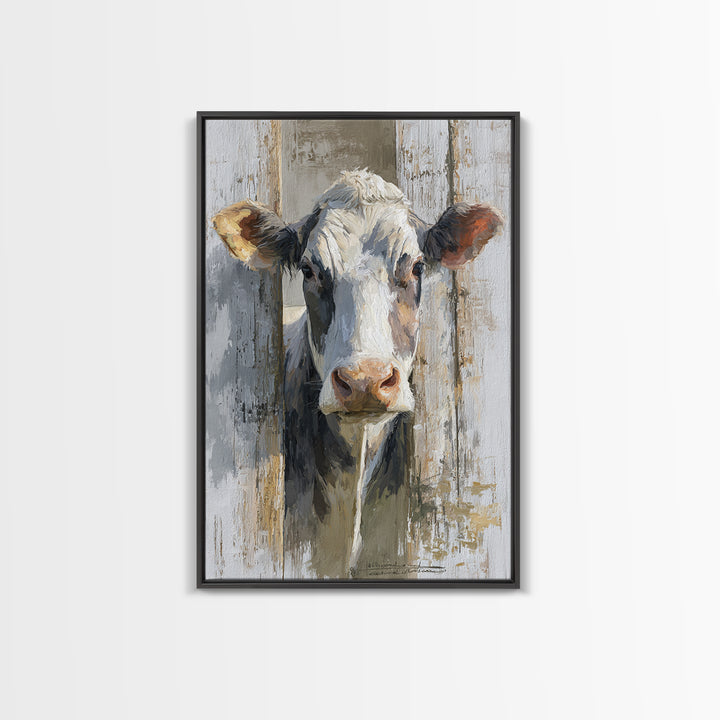 Rustic Farmhouse Cow Portrait Framed Canvas Print, Wall Art, Heart, Living Room Decor, Fine Art, Home Decor Gift, WAL-2x3-51