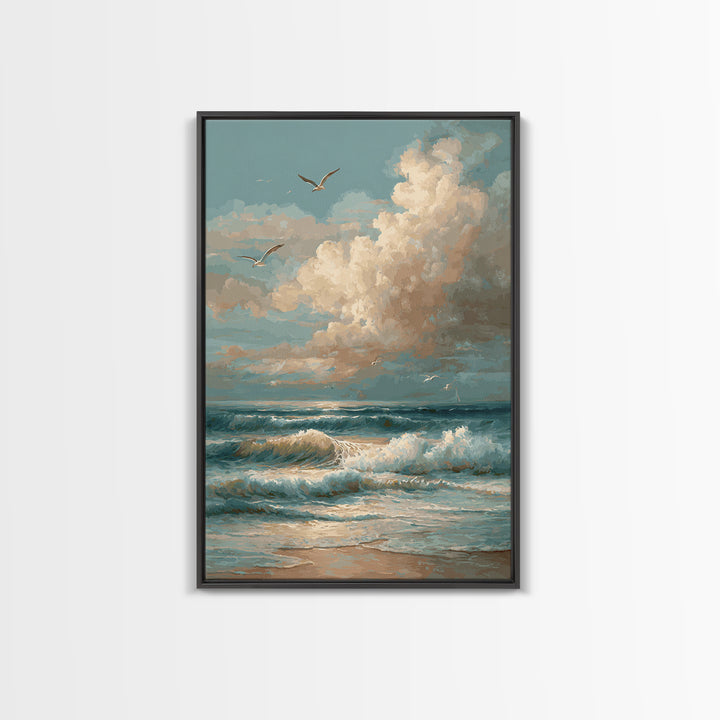 Classic Seascape with Dramatic Clouds Framed Canvas Print, Wall Art, Wall Art for Mom, Living Room Decor, Oil Painting, WAL-2x3-59