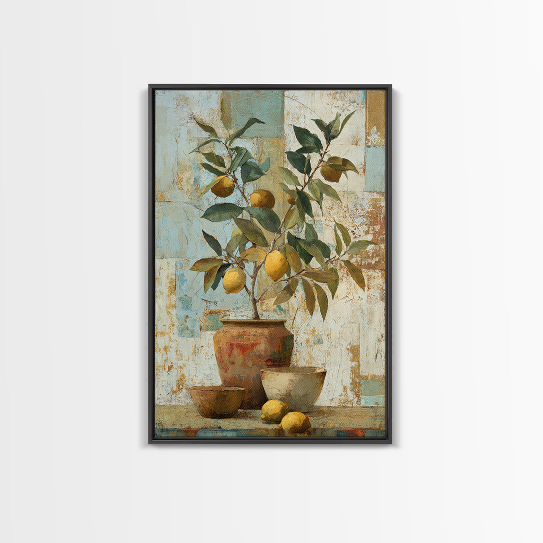 Mediterranean Lemon Branch Still Life Framed Canvas Print, Wall Art, Minimalist Decor, Living Room Decor, Oil Painting, WAL-2x3-6