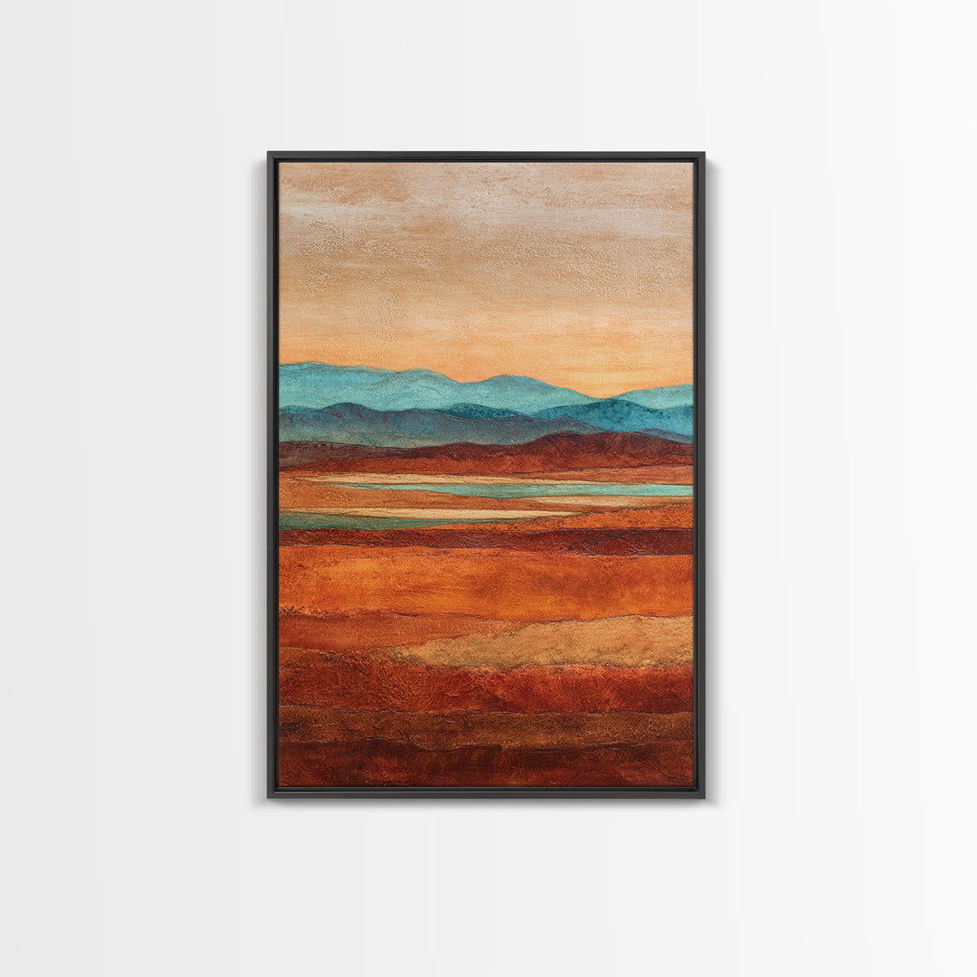 Desert Landscape in Warm Terracotta Tones Framed Canvas Print, Wall Art, Wall Clock, Living Room Decor, Watercolor Art, WAL-2x3-63