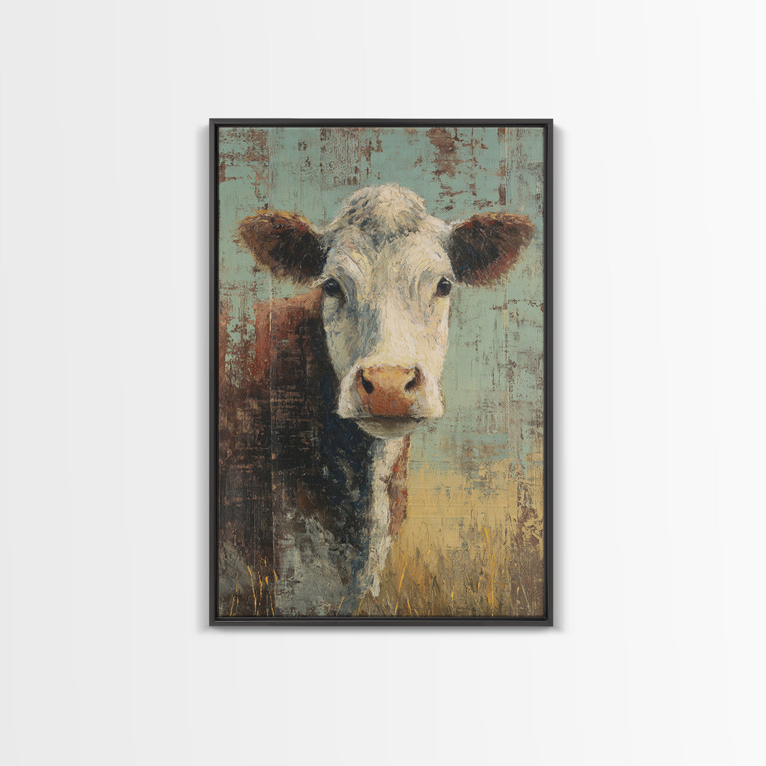 Rustic Farmhouse Cow Portrait Framed Canvas Print, Wall Art, Wall Hanging, Living Room Decor, Fine Art, Gallery Decor, WAL-2x3-75