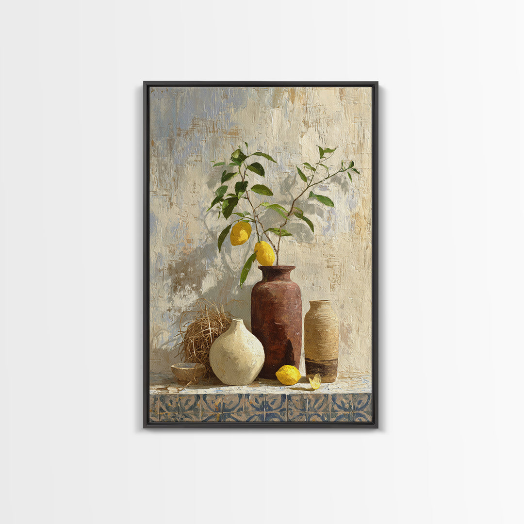 Mediterranean Lemon Branch Still Life Framed Canvas Print, Wall Art, Canvas, Living Room Decor, Watercolor Art, WAL-2x3-78