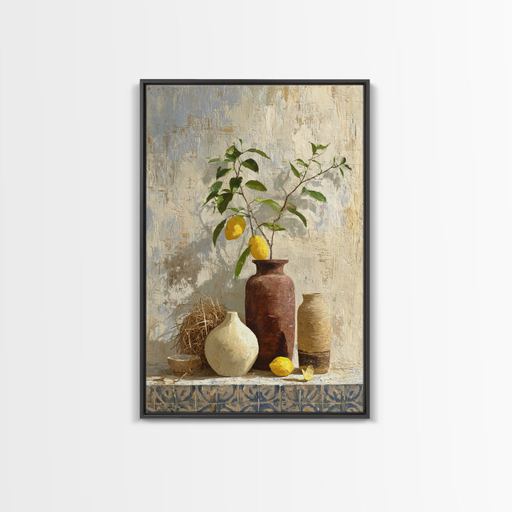 Mediterranean Lemon Branch Still Life Framed Canvas Print, Wall Art, Canvas, Living Room Decor, Watercolor Art, WAL-2x3-78