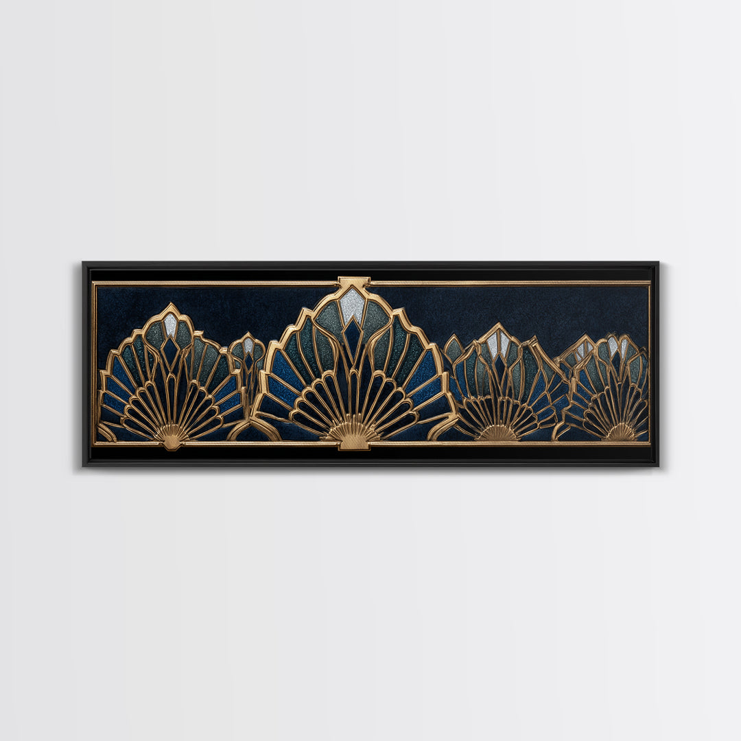 Art Deco Gold Fan Pattern Framed Canvas Print, Wall Art, Digital Print, Living Room Decor, Fine Art, Luxury Decor, WAL-3x1-12