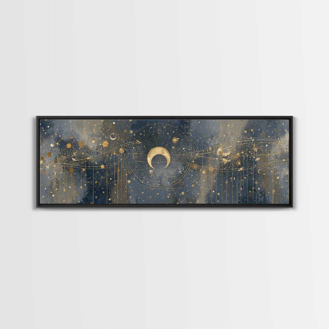 Celestial Moon and Stars Artwork Canvas Print, Wall Art, Painting, Living Room Decor, Fine Art, Art Deco, Wall Hanging, WAL-3x1-30