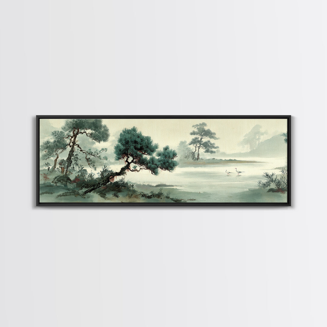 Monochrome Ink Crane Composition Canvas Print, Wall Art, Neutral Decor, Living Room Decor, Fine Art, Home Decor, WAL-3x1-40