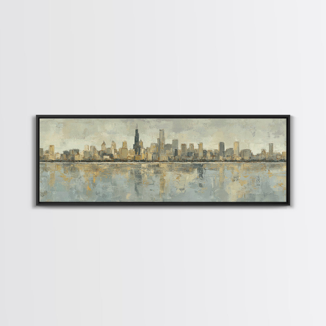 Urban Skyline in Muted Evening Color Framed Canvas Print, Wall Art, Art Deco, Living Room Decor, Fine Art, Abstract Wall Art, WAL-3x1-58